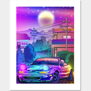 Neon MX5 Miata Synthwave Posters and Art